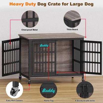 POAO 42"XL Dog Crate Furniture with Casters, Heavy Duty Dog Kennel Indoor for Large Dogs,Double-Doors Sturdy Dog Cage for Anxiety Dog,End Table