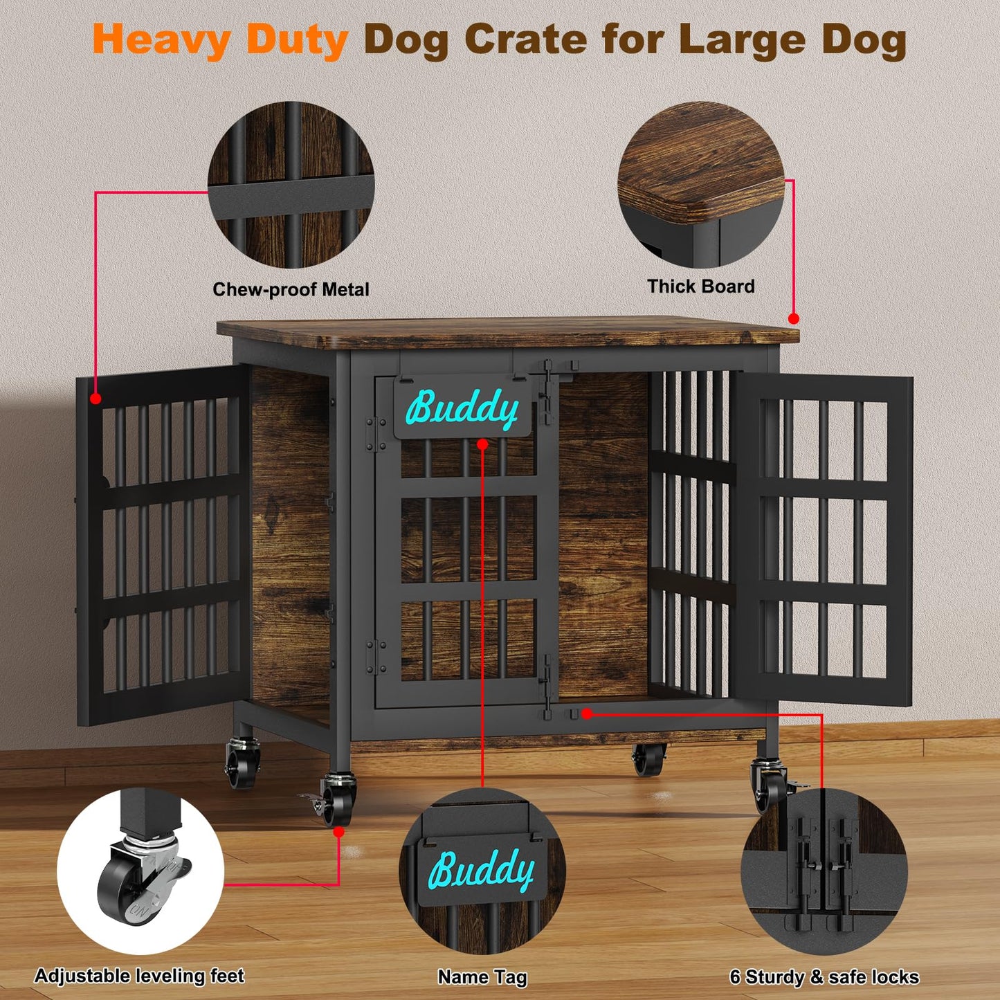 POAO 27"Dog Crate Furniture with Name Tag,Heavy Duty Dog Kennel Indoor for Small Dogs,Double-Door Sturdy Furniture Style End Table for Anxiety Dog