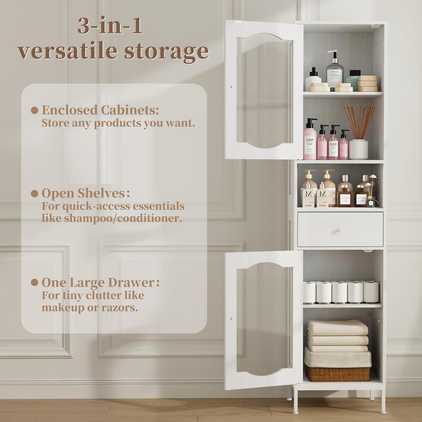 POAO 66.4" Tall Bathroom Storage Cabinet with Adjustable Shelves and Glass Doors, Anti-Tipping Narrow Cabinet, Linen Cabinet for Bathroom, Kitchen, Living Room, Cloud White