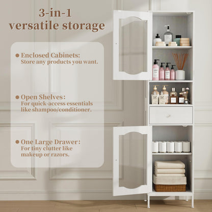 POAO 66.4" Tall Bathroom Storage Cabinet with Adjustable Shelves and Glass Doors, Anti-Tipping Narrow Cabinet, Linen Cabinet for Bathroom, Kitchen, Living Room, Cloud White