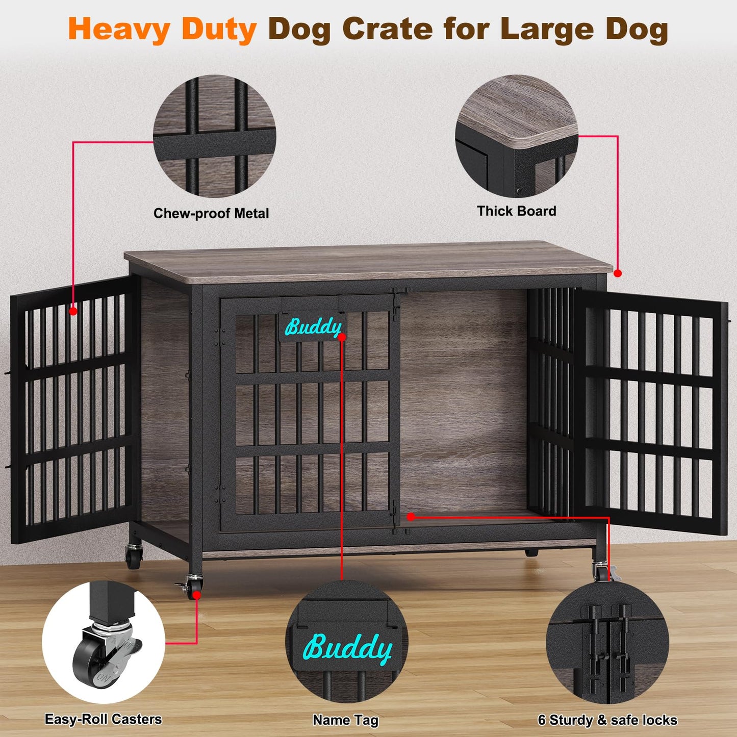 POAO 48"Dog Crate Furniture with Casters,Heavy Duty Dog Kennel Indoor for Large Dogs,Escape-Proof &Chew-Proof Dog Cage for high Anxiety Dog,End Table