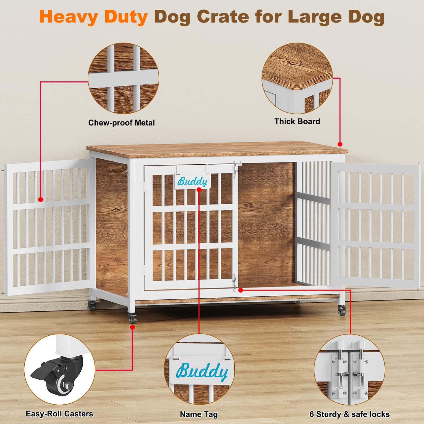 POAO 48"XXL Heavy Duty Dog Crate Furniture with Casters, Dog Kennel Indoor for Large Dogs, Escape-Proof and Chew-Proof Dog Cage for high Anxiety Dog