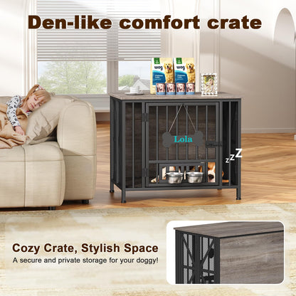 POAO 31.5"Assembly-Free Dog Crate Furniture for Small Dog, Foldable Dog Kennel Indoor with Tag &Adjustable Dog Bowls, Wooden Dog Cage,End Table
