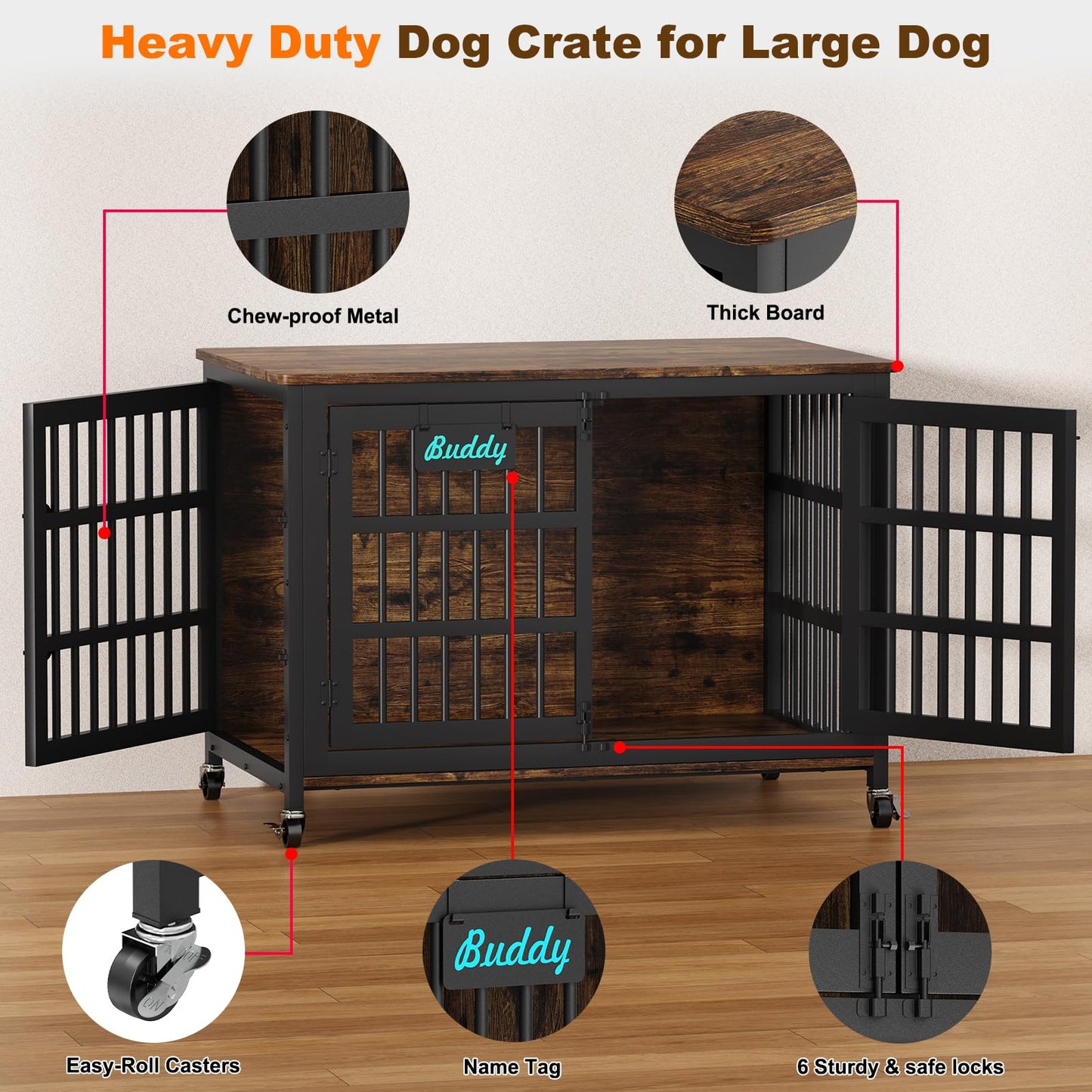 POAO 46.06"L Wooden Dog Crate Furniture,Double Doors Kennel Indoor with Name Tag,Sturdy Metal Dog Cage for Anxiety Dog for Decoration,Brown