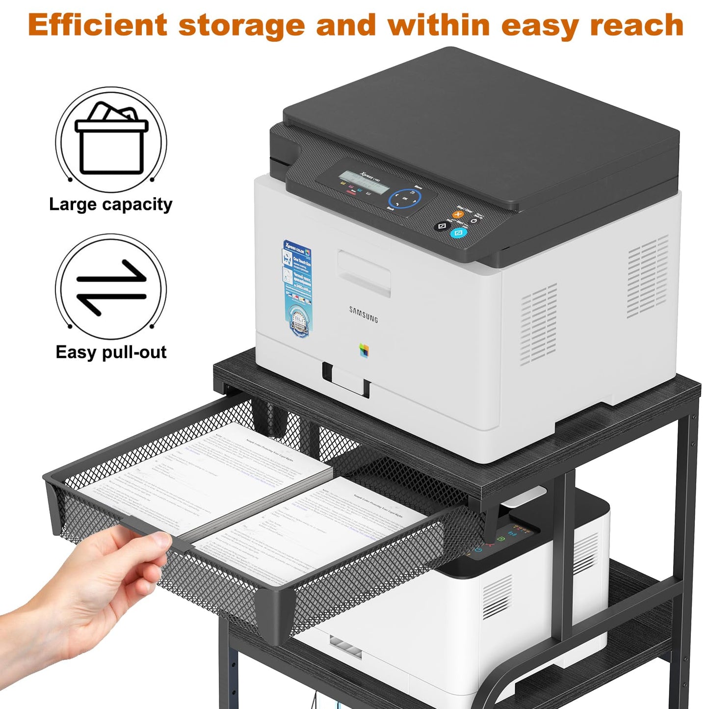 POAO Large Printer Stand with Storage Drawer,3-Tier Rolling Cart with Industrial Wheels for Desk, 5 Adjustable Shelf Mobile Printer Table,Black