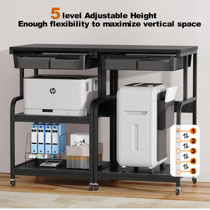 POAO Large Printer Stand with Storage Drawer,3-Tier Rolling Cart with Industrial Wheels for Desk, 5 Adjustable Shelf Mobile Printer Table,Black