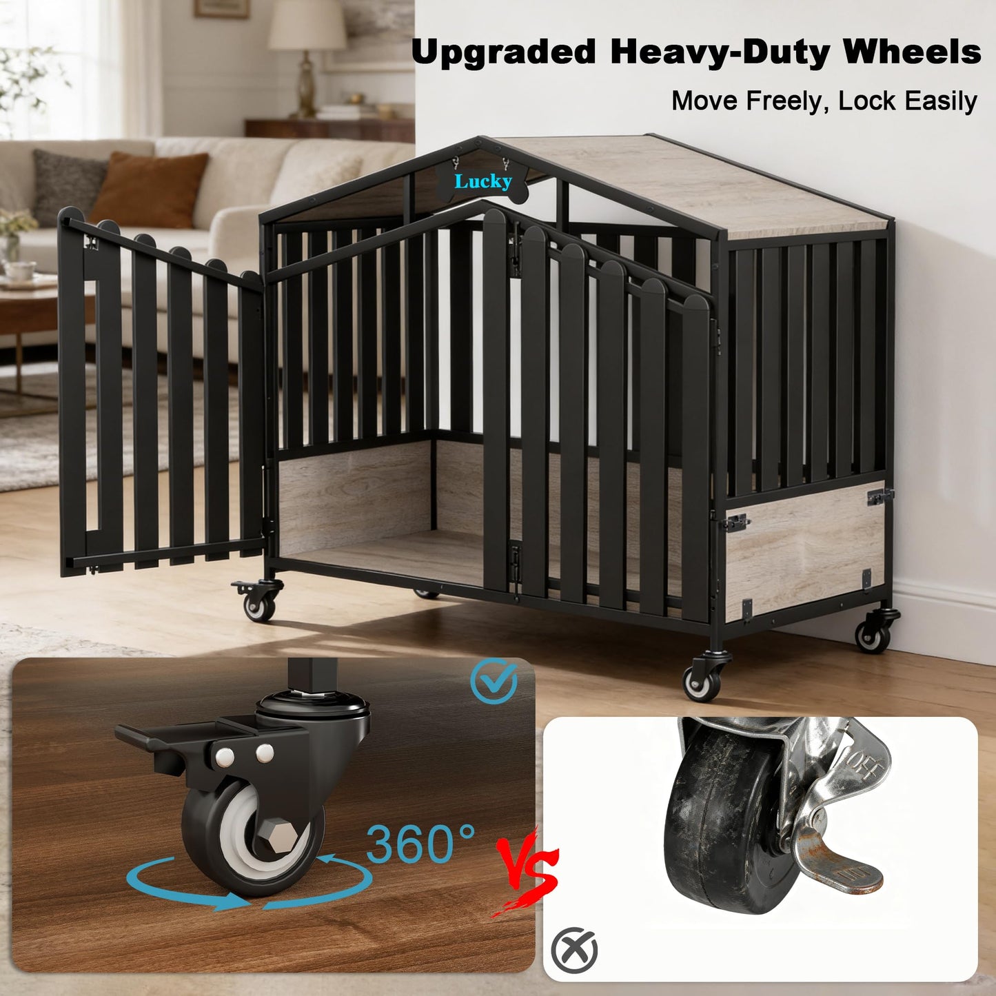 POAO 48"Heavy Duty Dog Crate Furniture for Large Dogs(Over 60lb), Dog Kennel Indoor with 360° Wheels, Dog House with Feeding Window and Name Tag