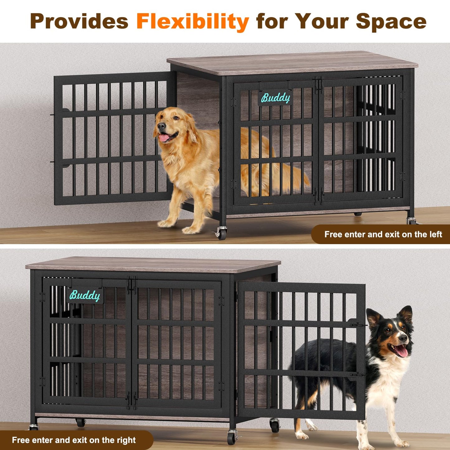POAO 42"XL Dog Crate Furniture with Casters, Heavy Duty Dog Kennel Indoor for Large Dogs,Double-Doors Sturdy Dog Cage for Anxiety Dog,End Table