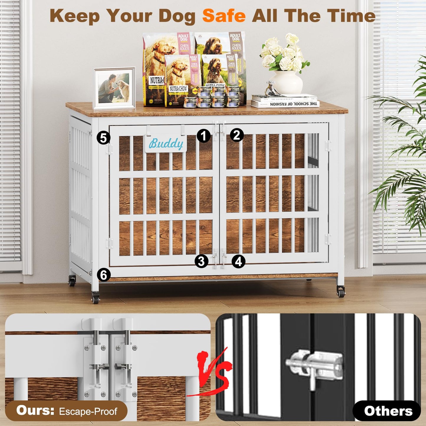 POAO 48"XXL Heavy Duty Dog Crate Furniture with Casters, Dog Kennel Indoor for Large Dogs, Escape-Proof and Chew-Proof Dog Cage for high Anxiety Dog