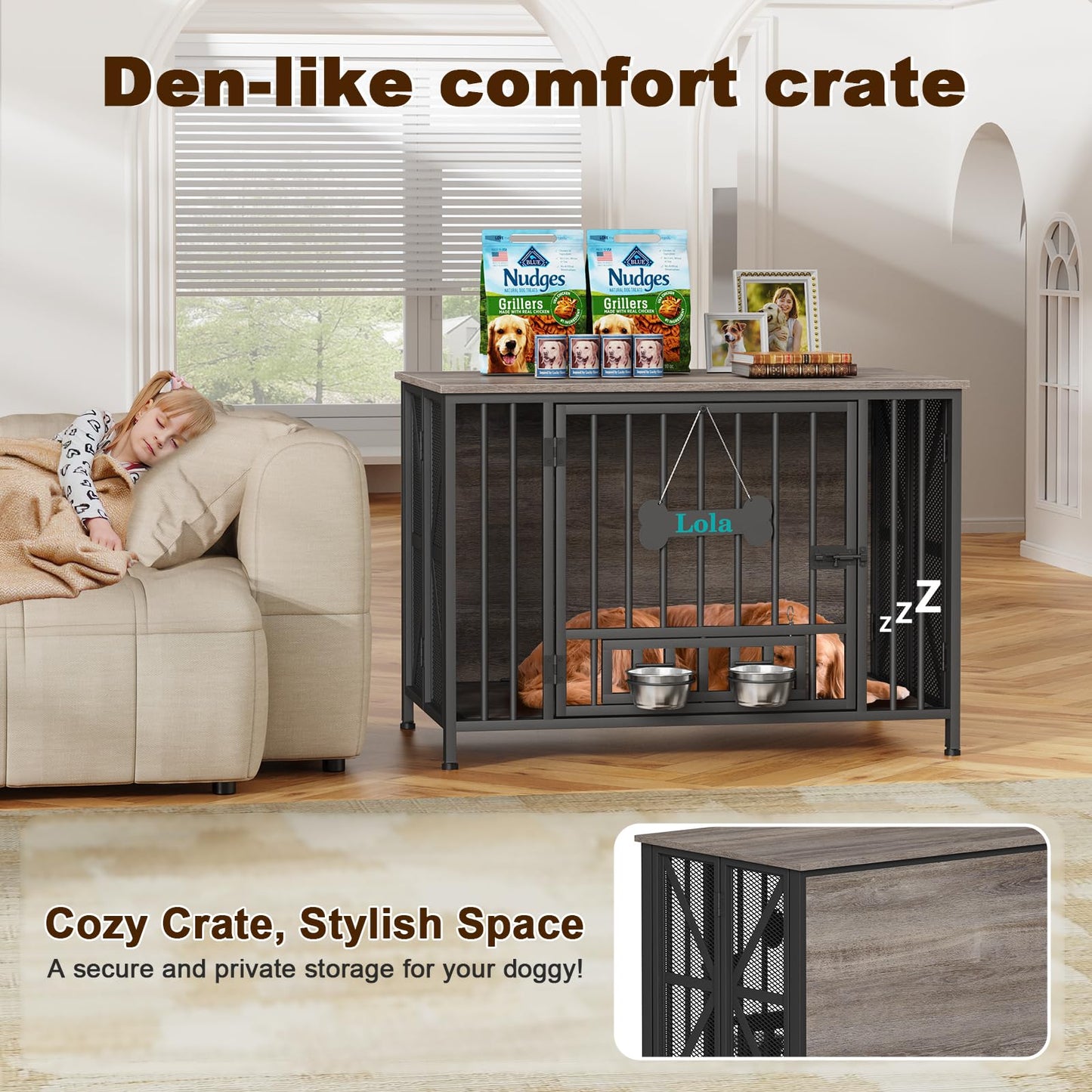 POAO 41" Foldable Dog Crate Furniture, Assembly-Free Dog Crates for Large Dogs,Dog Kennel Indoor with Tag & Adjustable Dog Bowls,Oak Grey