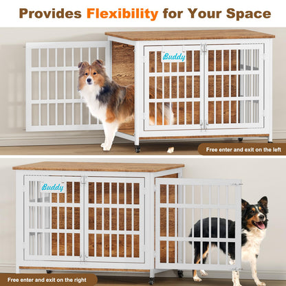 POAO 42"XL Heavy Duty Dog Crate Furniture with Casters, Dog Kennel Indoor for Large and Medium Dogs, Double-Doors Sturdy Dog Cage for Anxiety Dog