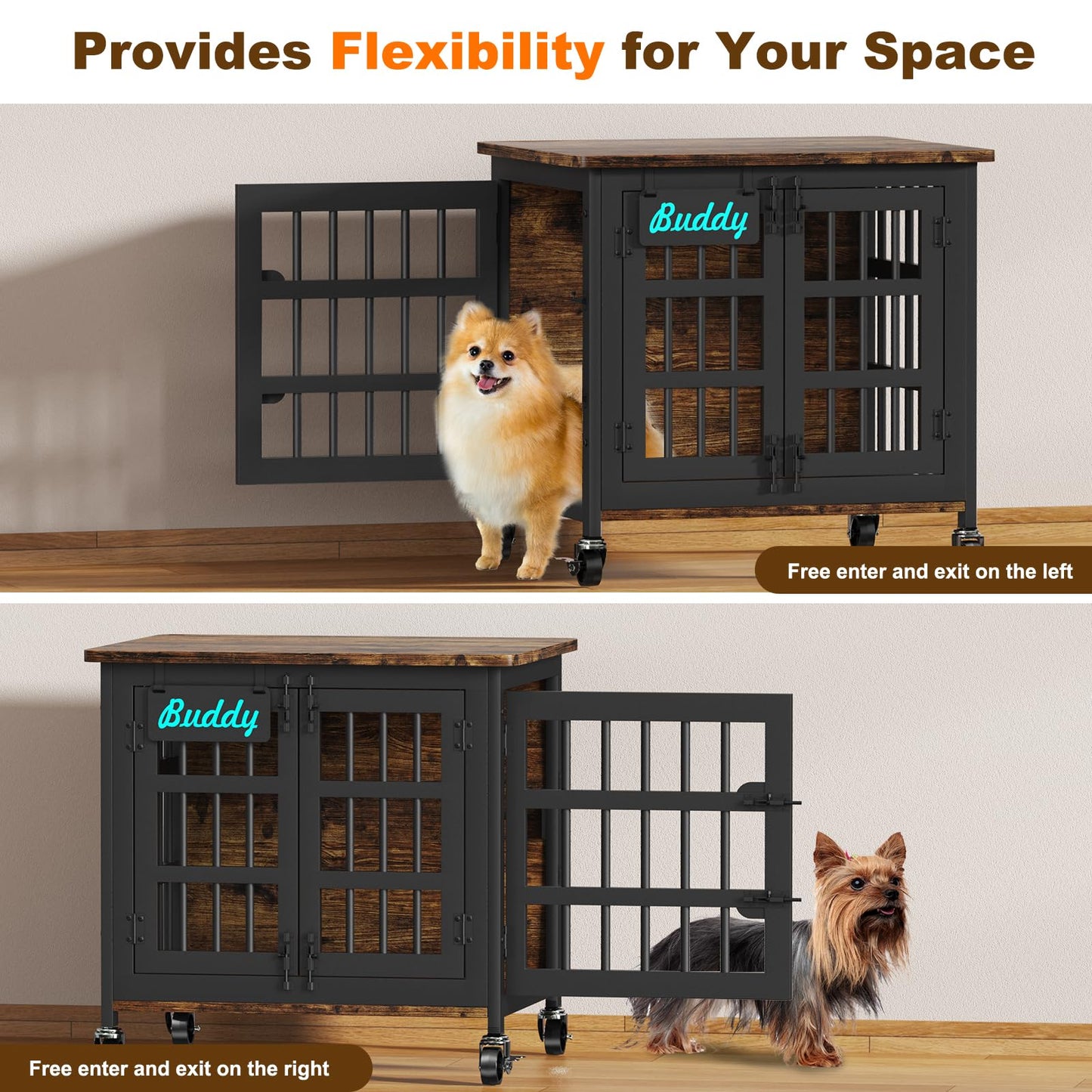 POAO 27"Dog Crate Furniture with Name Tag,Heavy Duty Dog Kennel Indoor for Small Dogs,Double-Door Sturdy Furniture Style End Table for Anxiety Dog