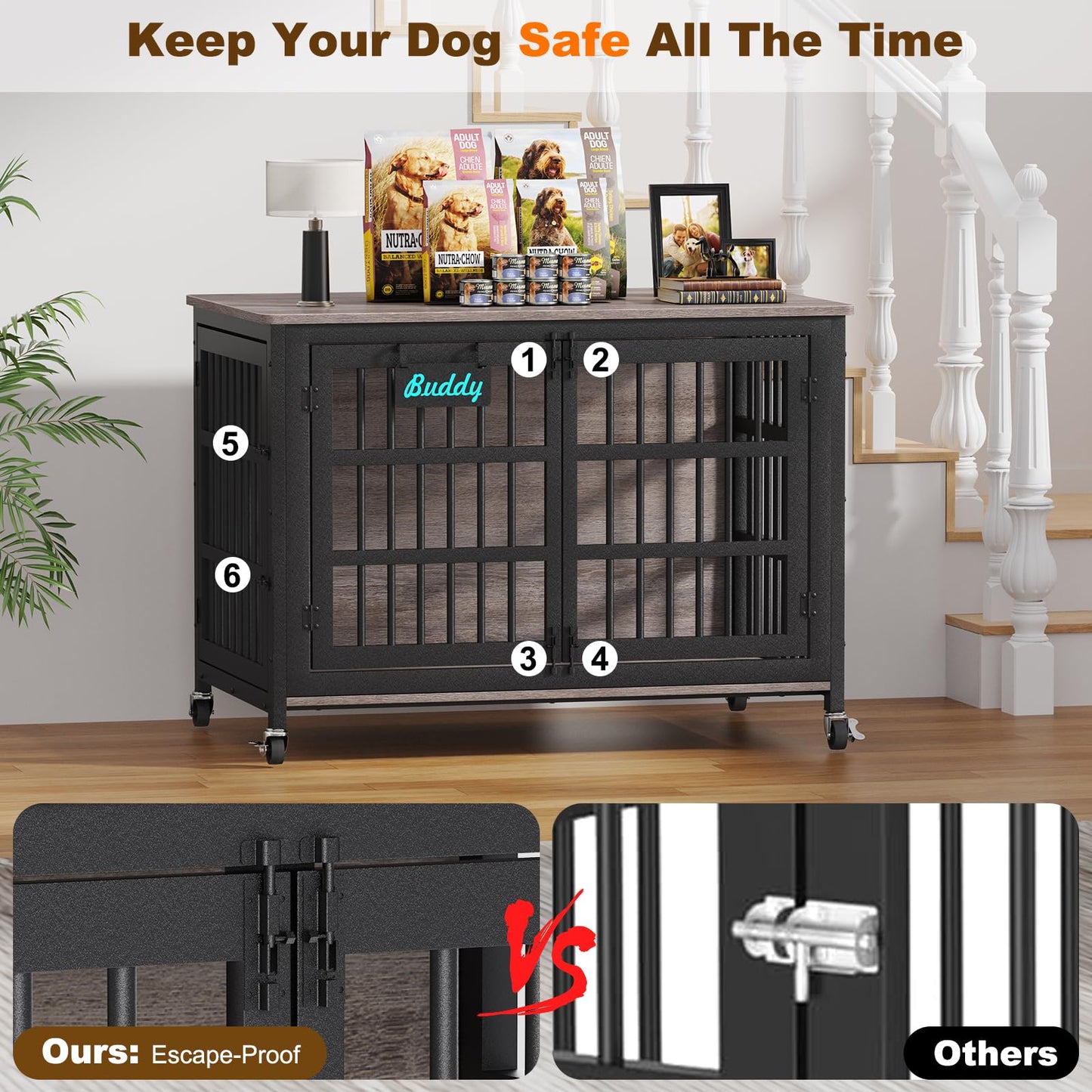POAO 48"Dog Crate Furniture with Casters,Heavy Duty Dog Kennel Indoor for Large Dogs,Escape-Proof &Chew-Proof Dog Cage for high Anxiety Dog,End Table