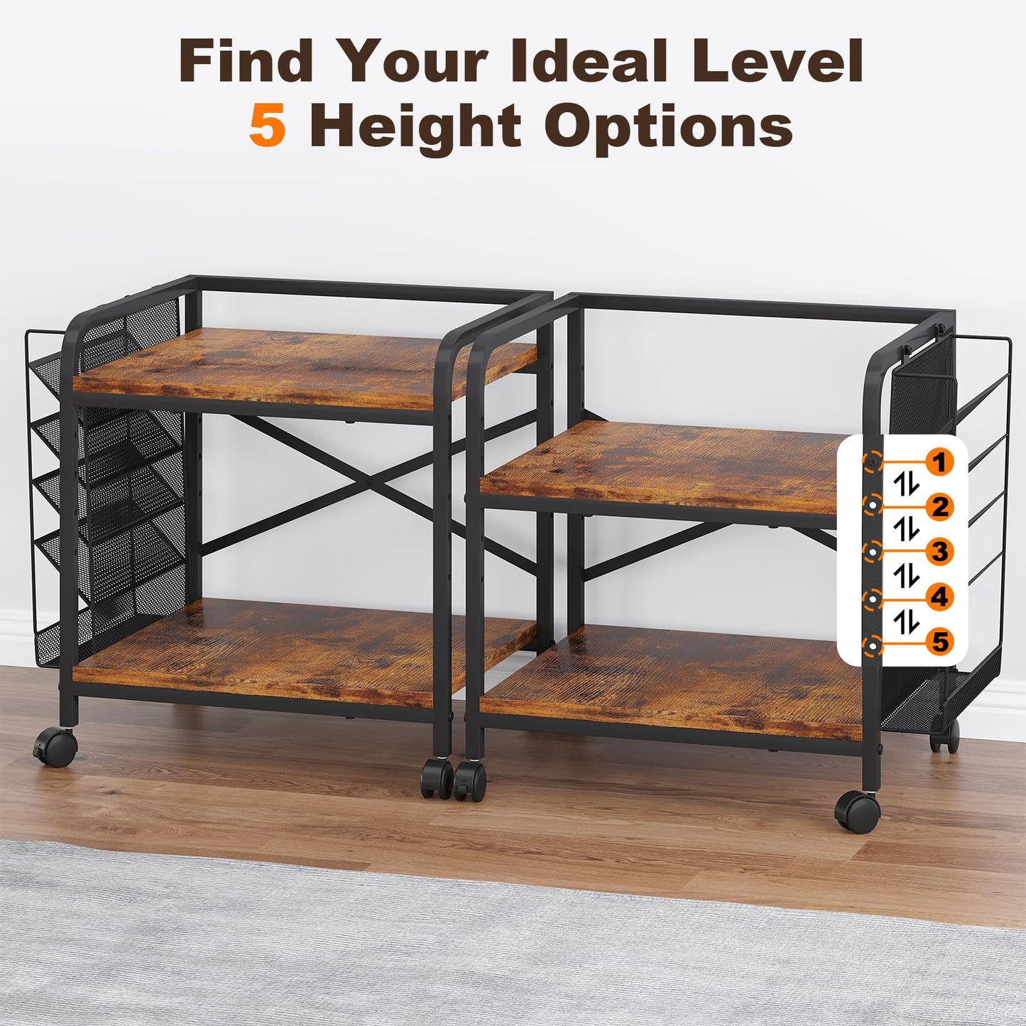 POAO Large Printer Stand with Hanging File Holder Organizer,Adjustable Height Shelf with Wheels,Under Desk Table with Storage for Home Office,Brown
