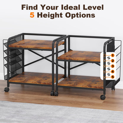 POAO Large Printer Stand with Hanging File Holder Organizer,Adjustable Height Shelf with Wheels,Under Desk Table with Storage for Home Office,Brown