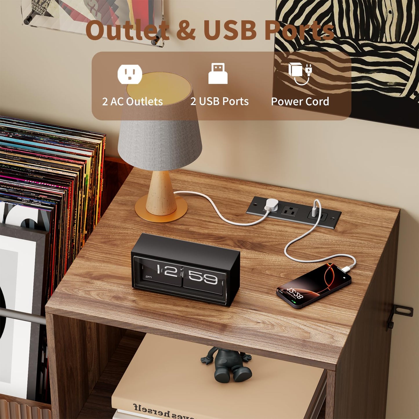 POAO 31"Record Player Stand with Power Outlets & LED Lights, Record Player Table Cabinet with Vinyl Record Storage Holds up to 300 Albums, Turntable Stand for Living Room, Bedroom