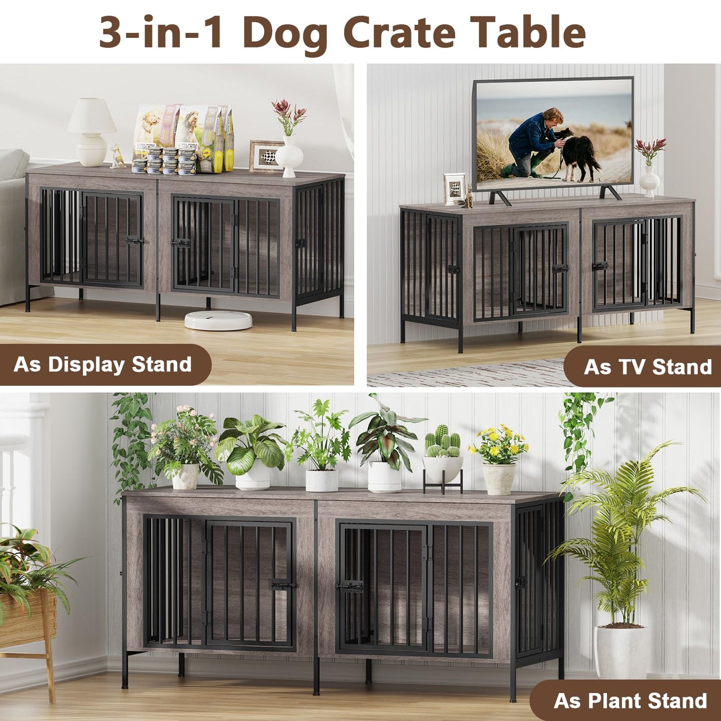 POAO 55.12"L Dog Crate Furniture for 2 Dogs,Heavy Duty Double Dog Crates for Small Dogs(0-20 Pounds),Dog Kennel Furniture Indoor as TV Stand,Oak Grey