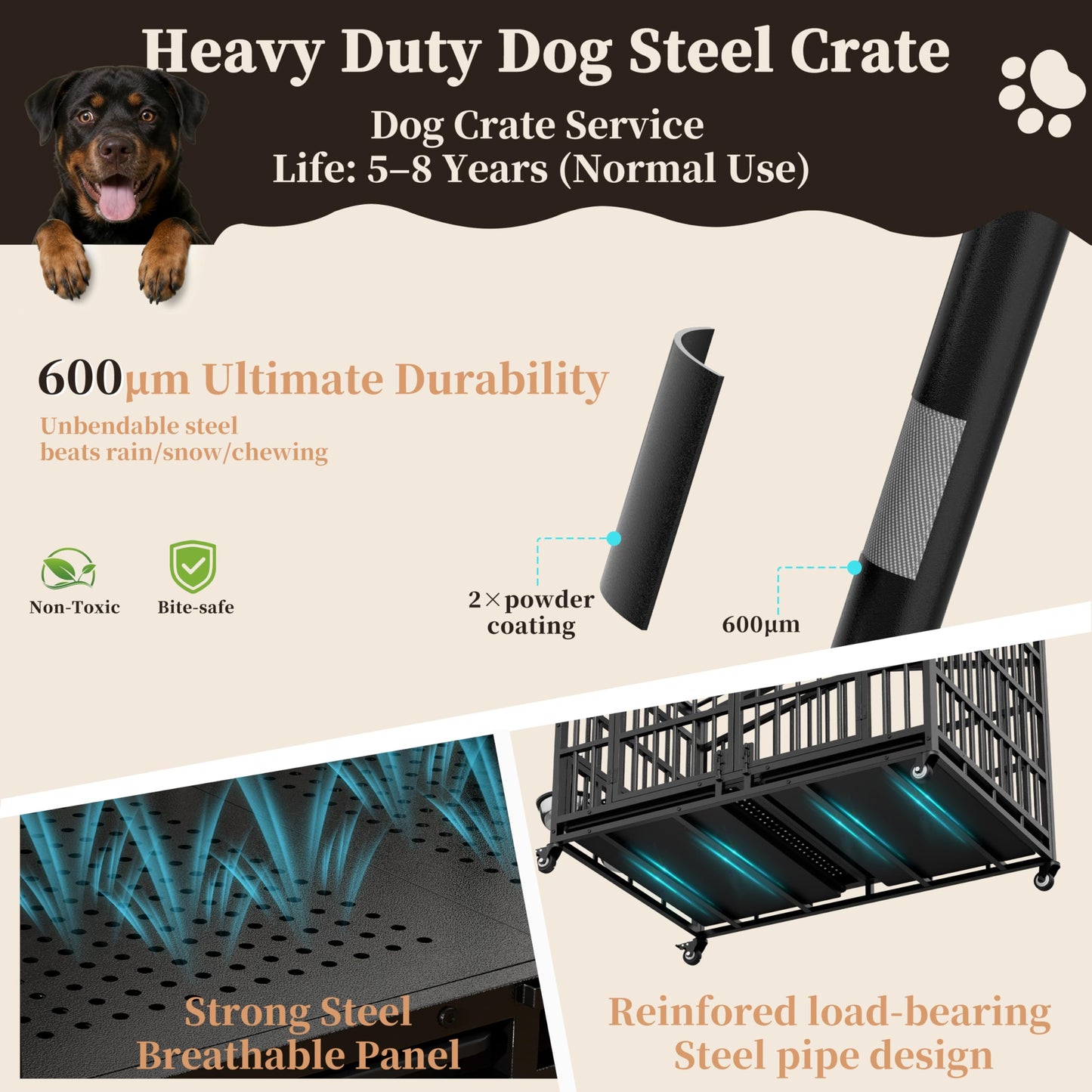 POAO 41"Heavy Duty Indestructible Dog Crate, Escape Proof Kennel for High Anxiety Large Dog, Extra Large Steel Dog Cage with Wheels