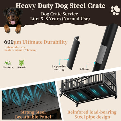 POAO 41"Heavy Duty Indestructible Dog Crate, Escape Proof Kennel for High Anxiety Large Dog, Extra Large Steel Dog Cage with Wheels