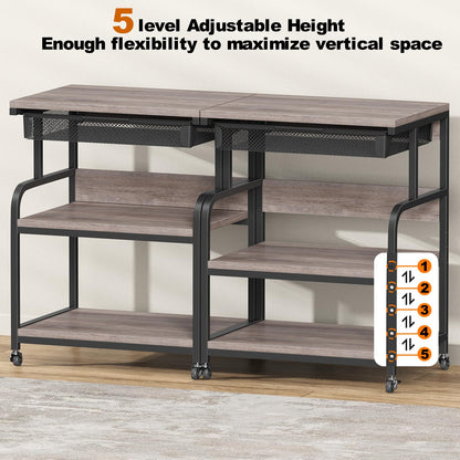 POAO Extra Large Printer Stand with Drawer, 5-Adjustable Heights 3 Tier Table with Wheels, Rolling Printer Cart with Storage,Home Office Use
