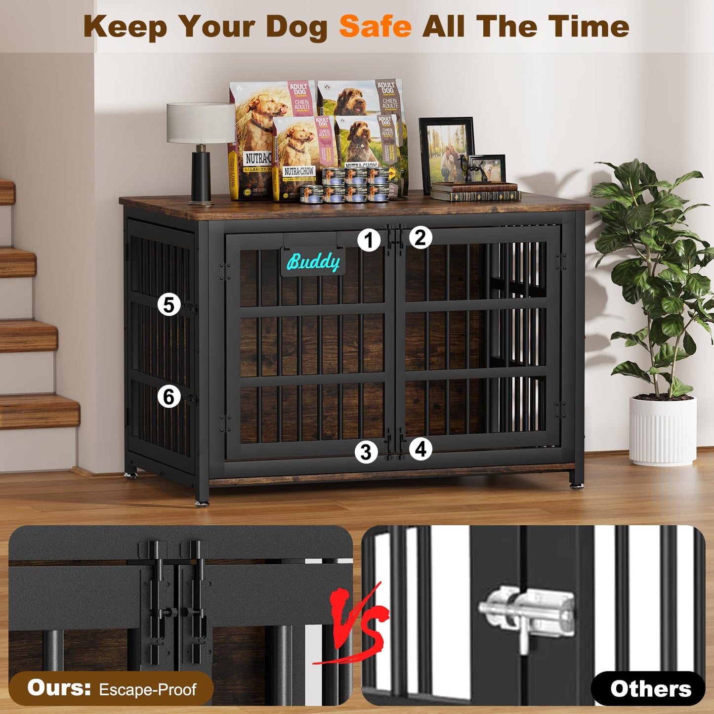 POAO 46.06"L Wooden Dog Crate Furniture,Double Doors Kennel Indoor with Name Tag,Sturdy Metal Dog Cage for Anxiety Dog for Decoration,Brown
