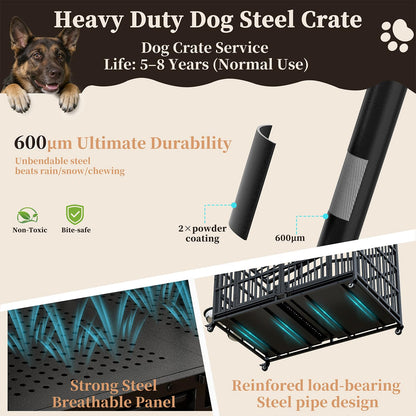 POAO 48"Heavy Duty Indestructible Dog Crate, Extra Large Metal Dog Kennel with 2 Adjustable Bowls, Open Top & Lockable Wheels, Escape Proof Indoor Cage for High Anxiety Big XL Dogs