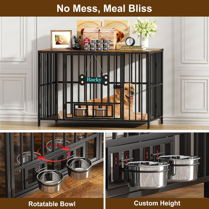 POAO 43" Dog Crate Furniture Foldable for Large Dogs (60-80 lbs), No Assembly Dog Kennel Indoor,Wooden Dog Cage with Adjustable Bowls &Name Tag