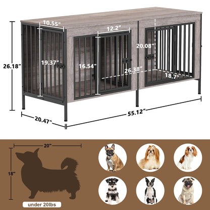 POAO 55.12"L Dog Crate Furniture for 2 Dogs,Heavy Duty Double Dog Crates for Small Dogs(0-20 Pounds),Dog Kennel Furniture Indoor as TV Stand,Oak Grey