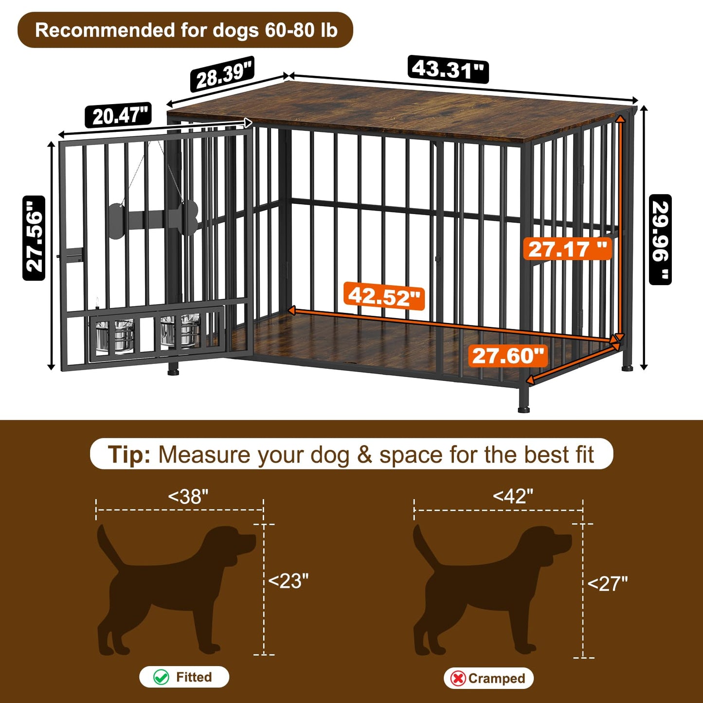 POAO 43" Dog Crate Furniture Foldable for Large Dogs (60-80 lbs), No Assembly Dog Kennel Indoor,Wooden Dog Cage with Adjustable Bowls &Name Tag