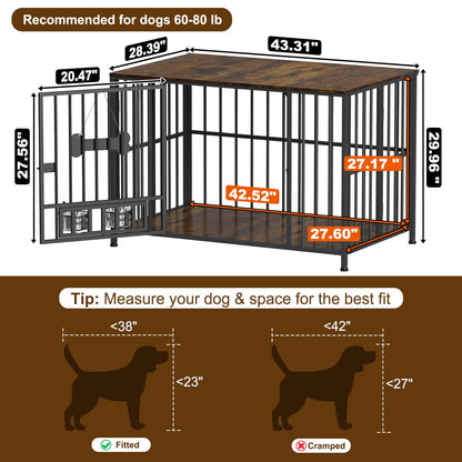POAO 43" Dog Crate Furniture Foldable for Large Dogs (60-80 lbs), No Assembly Dog Kennel Indoor,Wooden Dog Cage with Adjustable Bowls &Name Tag