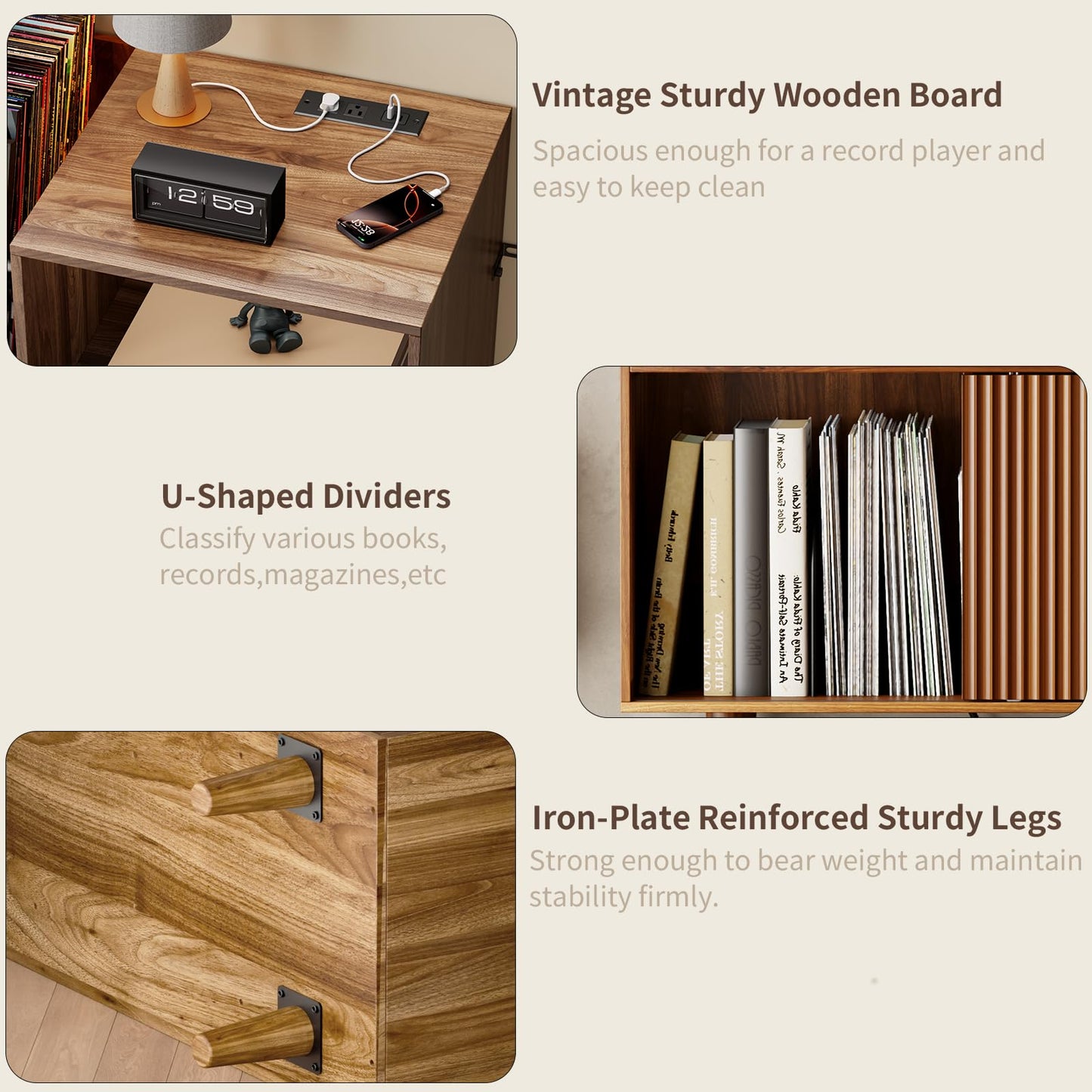 POAO 31"Record Player Stand with Power Outlets & LED Lights, Record Player Table Cabinet with Vinyl Record Storage Holds up to 300 Albums, Turntable Stand for Living Room, Bedroom