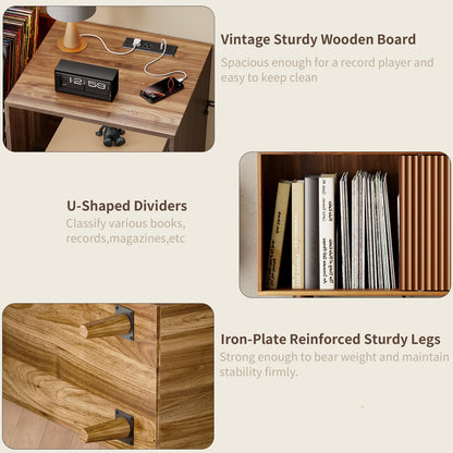 POAO 31"Record Player Stand with Power Outlets & LED Lights, Record Player Table Cabinet with Vinyl Record Storage Holds up to 300 Albums, Turntable Stand for Living Room, Bedroom