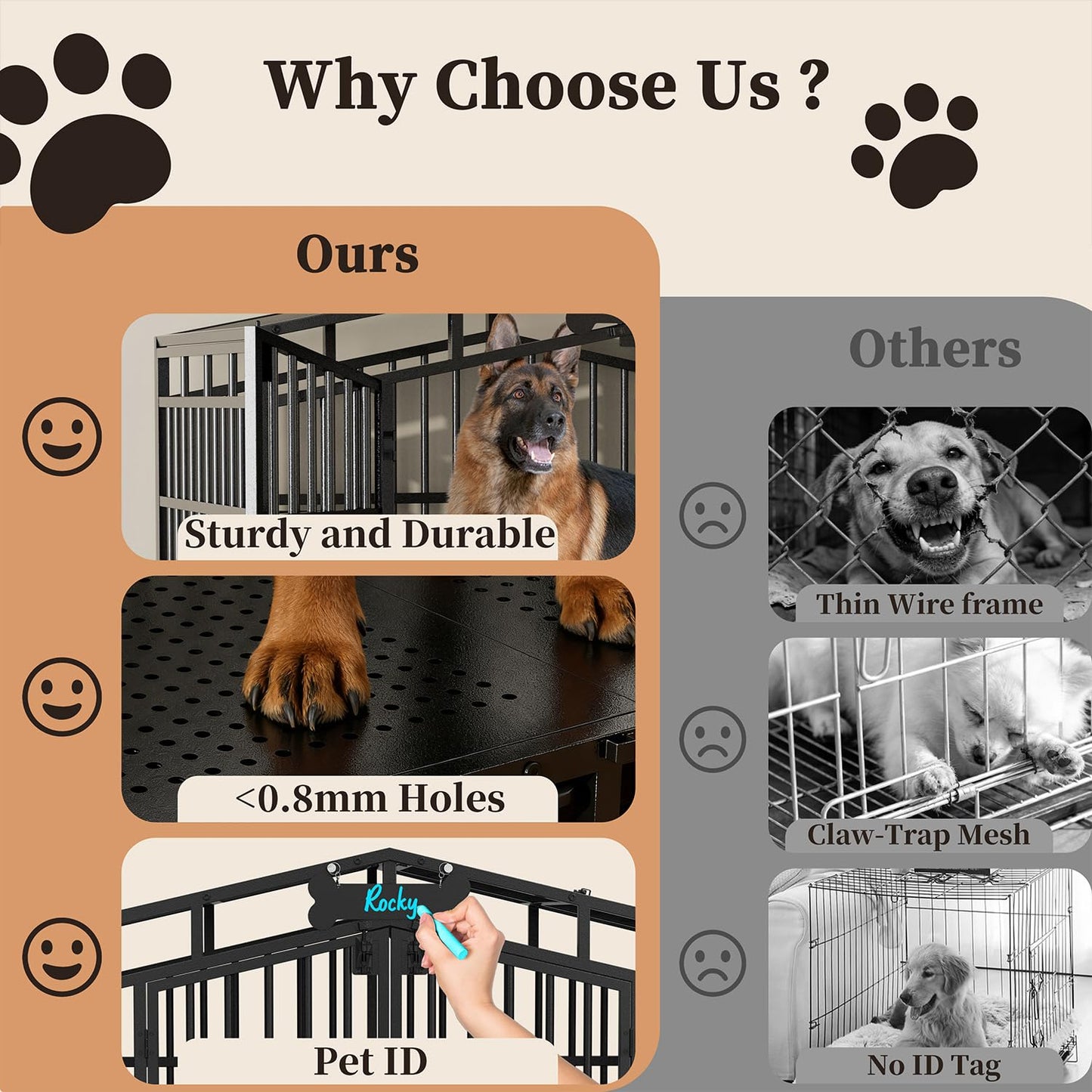 POAO 48"Heavy Duty Indestructible Dog Crate, Extra Large Metal Dog Kennel with 2 Adjustable Bowls, Open Top & Lockable Wheels, Escape Proof Indoor Cage for High Anxiety Big XL Dogs