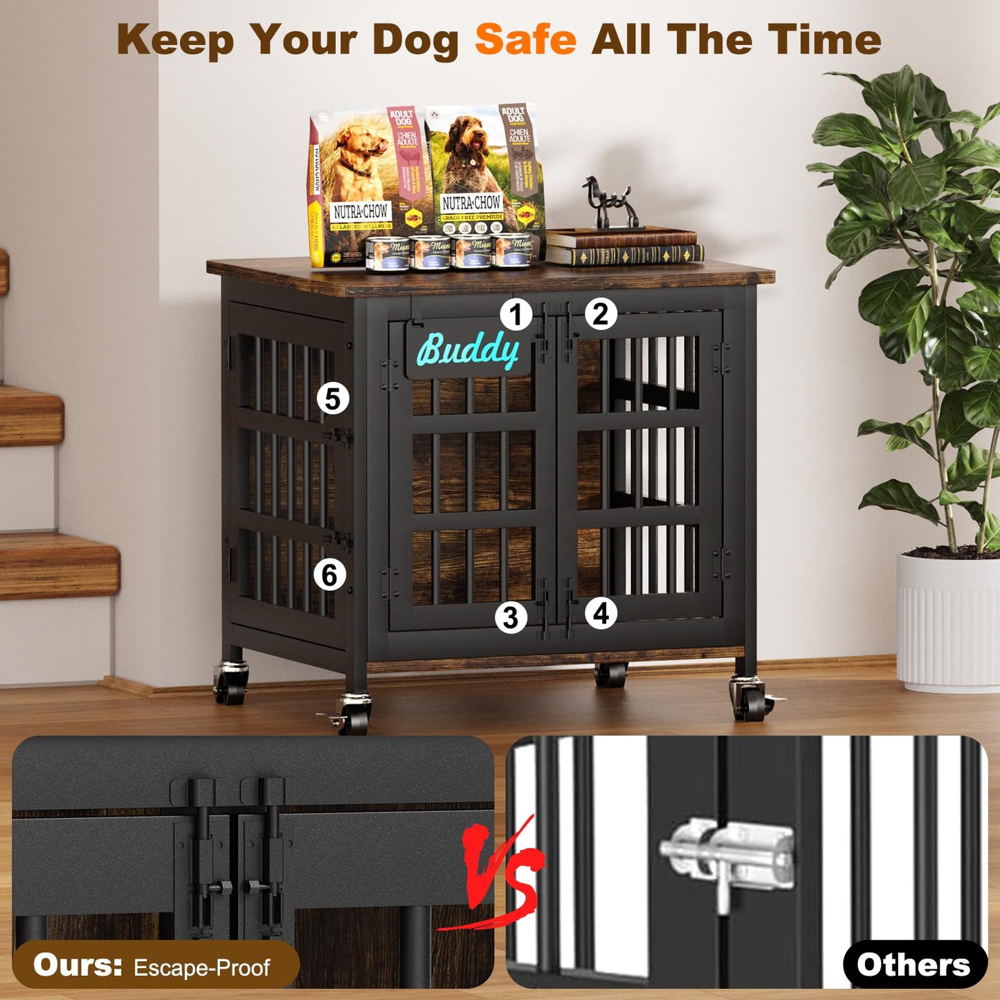 POAO 27"Dog Crate Furniture with Name Tag,Heavy Duty Dog Kennel Indoor for Small Dogs,Double-Door Sturdy Furniture Style End Table for Anxiety Dog