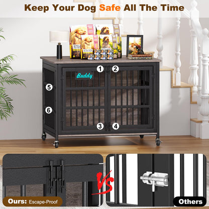 POAO 42"XL Dog Crate Furniture with Casters, Heavy Duty Dog Kennel Indoor for Large Dogs,Double-Doors Sturdy Dog Cage for Anxiety Dog,End Table