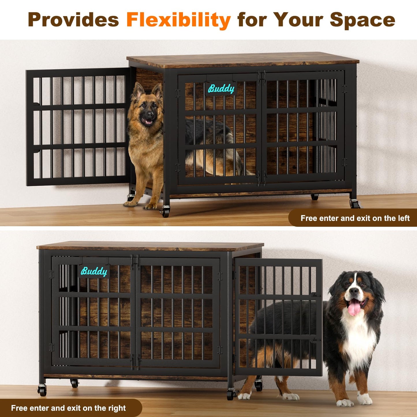 POAO 46.06"L Wooden Dog Crate Furniture,Double Doors Kennel Indoor with Name Tag,Sturdy Metal Dog Cage for Anxiety Dog for Decoration,Brown