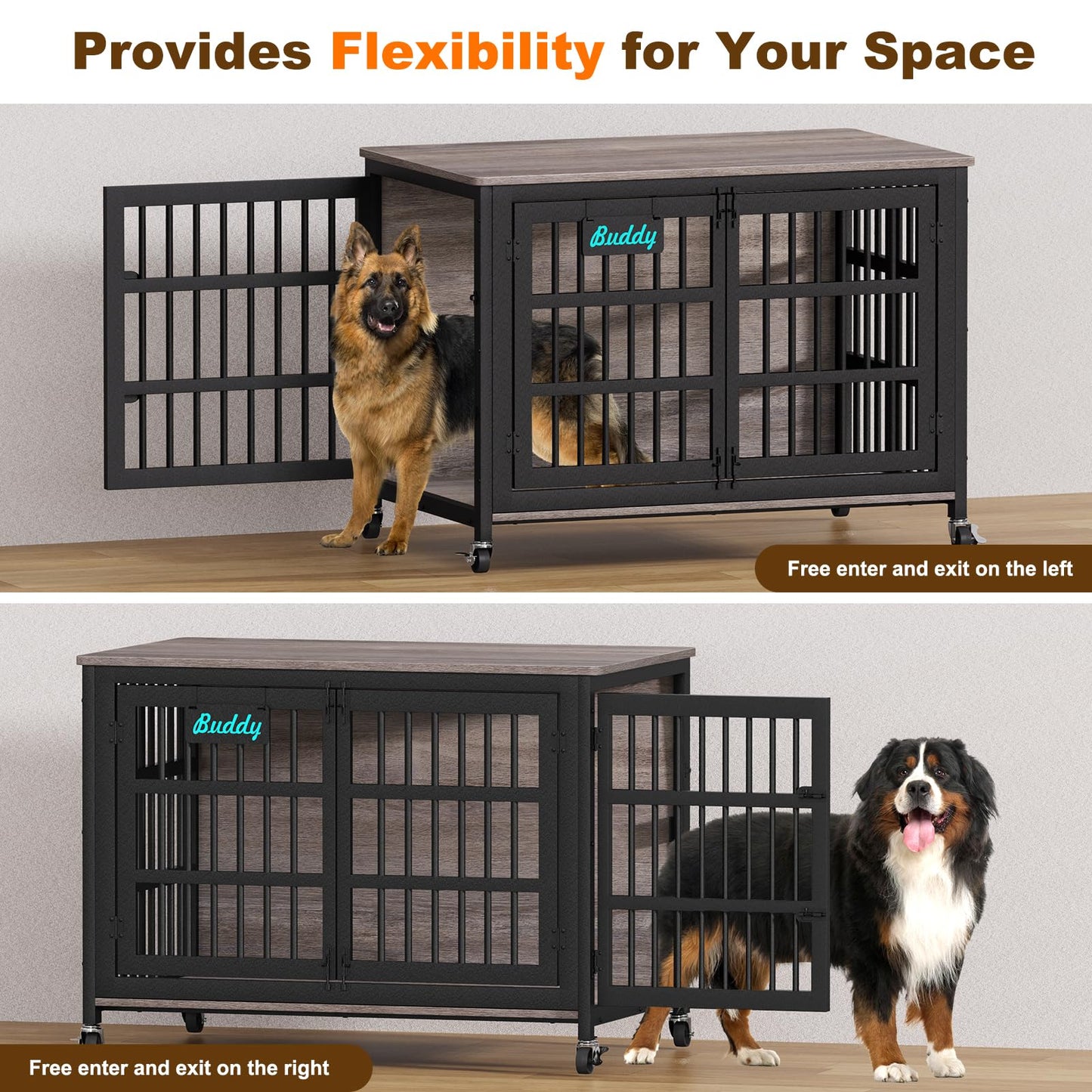 POAO 48"Dog Crate Furniture with Casters,Heavy Duty Dog Kennel Indoor for Large Dogs,Escape-Proof &Chew-Proof Dog Cage for high Anxiety Dog,End Table