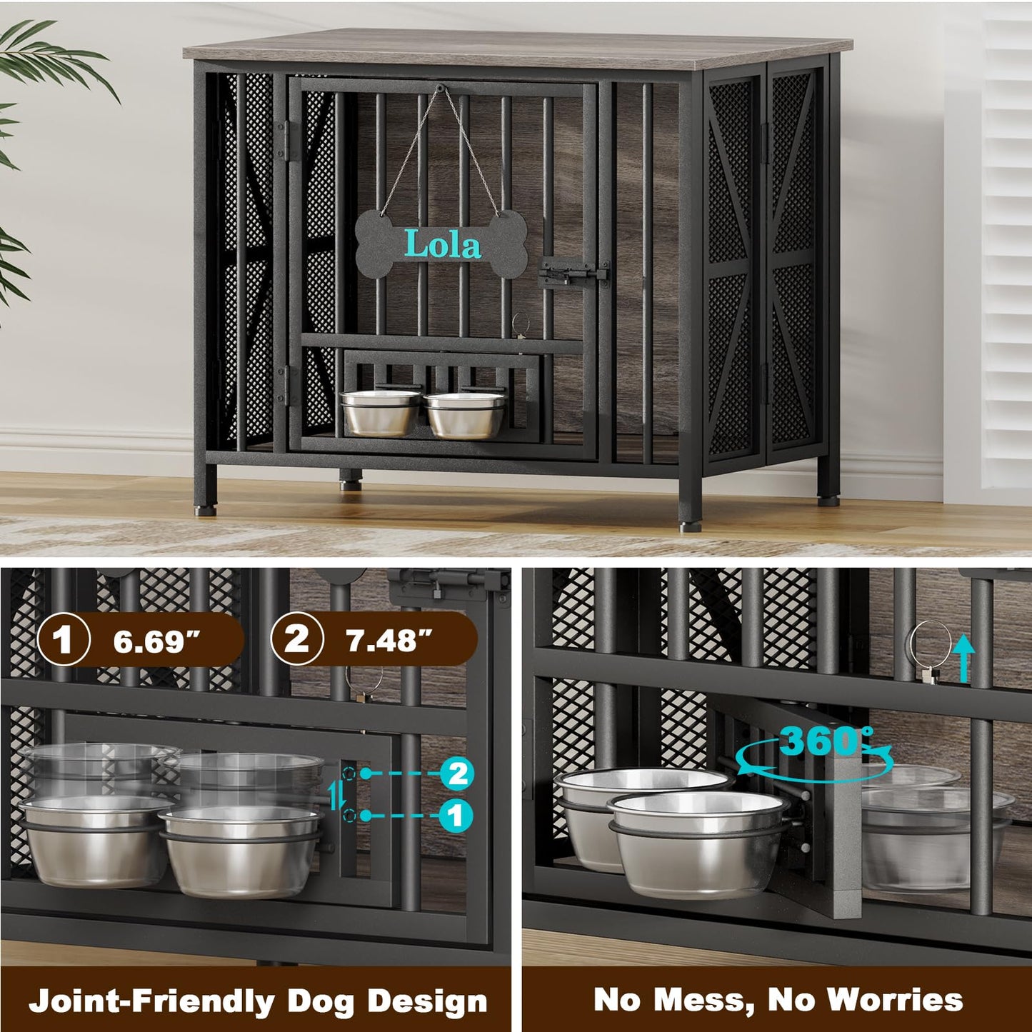 POAO 31.5"Assembly-Free Dog Crate Furniture for Small Dog, Foldable Dog Kennel Indoor with Tag &Adjustable Dog Bowls, Wooden Dog Cage,End Table