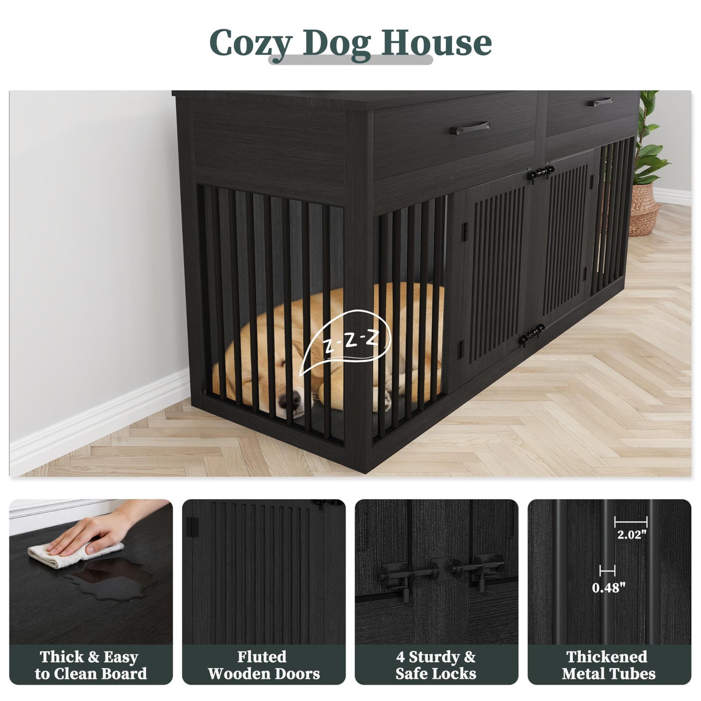 POAO 72" Double Dog Crate Furniture, Heavy Duty Dog Kennel for 2 Large Dogs, Wooden Dog Cage w Two Big Drawers&Removable Divider, Decorative Dog House as TV Stand, Dark Grey