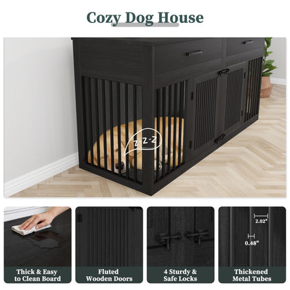POAO 72" Double Dog Crate Furniture, Heavy Duty Dog Kennel for 2 Large Dogs, Wooden Dog Cage w Two Big Drawers&Removable Divider, Decorative Dog House as TV Stand, Dark Grey