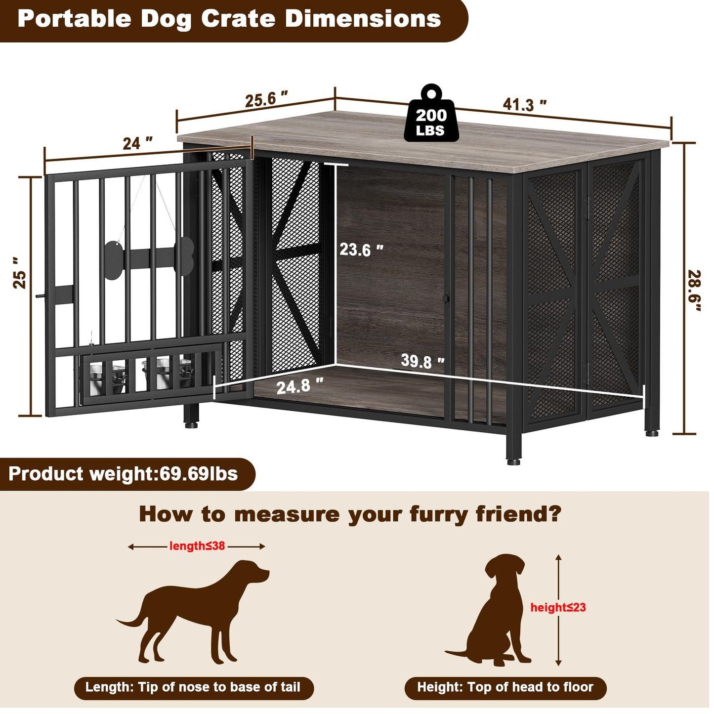 POAO 41" Foldable Dog Crate Furniture, Assembly-Free Dog Crates for Large Dogs,Dog Kennel Indoor with Tag & Adjustable Dog Bowls,Oak Grey