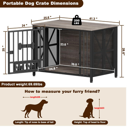 POAO 41" Foldable Dog Crate Furniture, Assembly-Free Dog Crates for Large Dogs,Dog Kennel Indoor with Tag & Adjustable Dog Bowls,Oak Grey