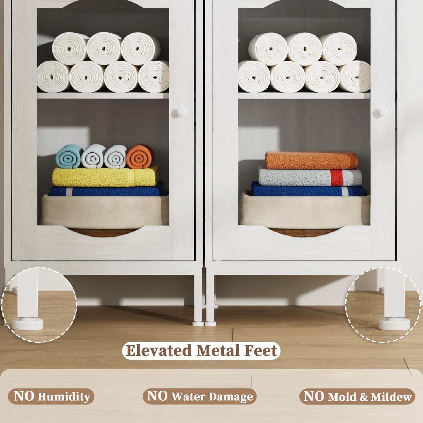 POAO 66.4" Tall Bathroom Storage Cabinet with Adjustable Shelves and Glass Doors, Anti-Tipping Narrow Cabinet, Linen Cabinet for Bathroom, Kitchen, Living Room, Cloud White