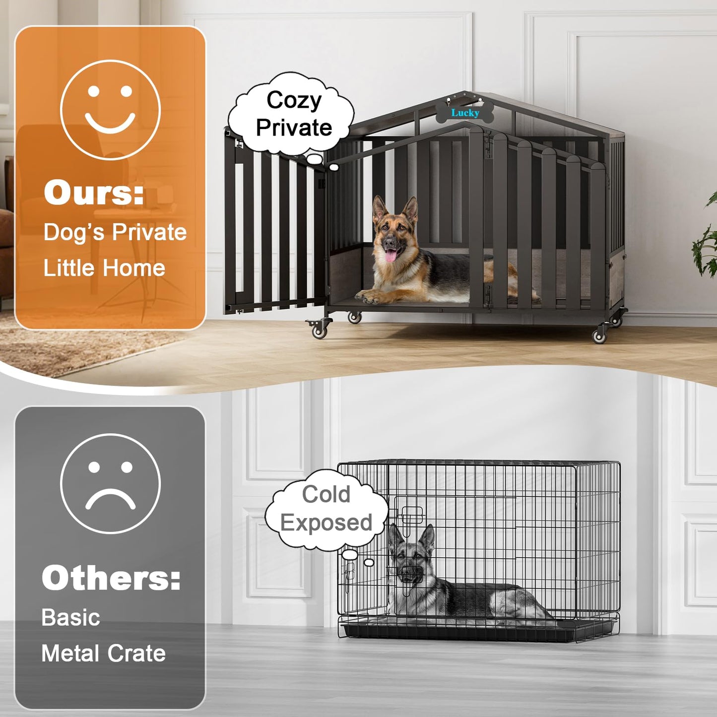 POAO 48"Heavy Duty Dog Crate Furniture for Large Dogs(Over 60lb), Dog Kennel Indoor with 360° Wheels, Dog House with Feeding Window and Name Tag