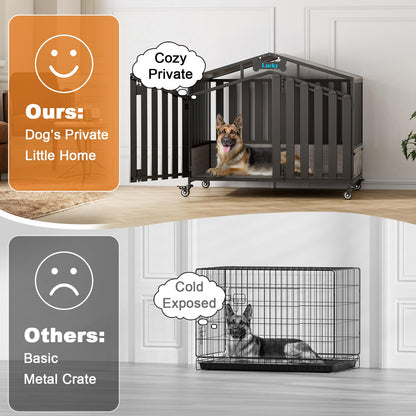 POAO 48"Heavy Duty Dog Crate Furniture for Large Dogs(Over 60lb), Dog Kennel Indoor with 360° Wheels, Dog House with Feeding Window and Name Tag