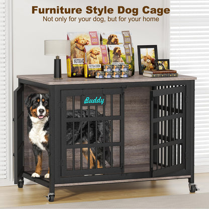 POAO 48"Dog Crate Furniture with Casters,Heavy Duty Dog Kennel Indoor for Large Dogs,Escape-Proof &Chew-Proof Dog Cage for high Anxiety Dog,End Table