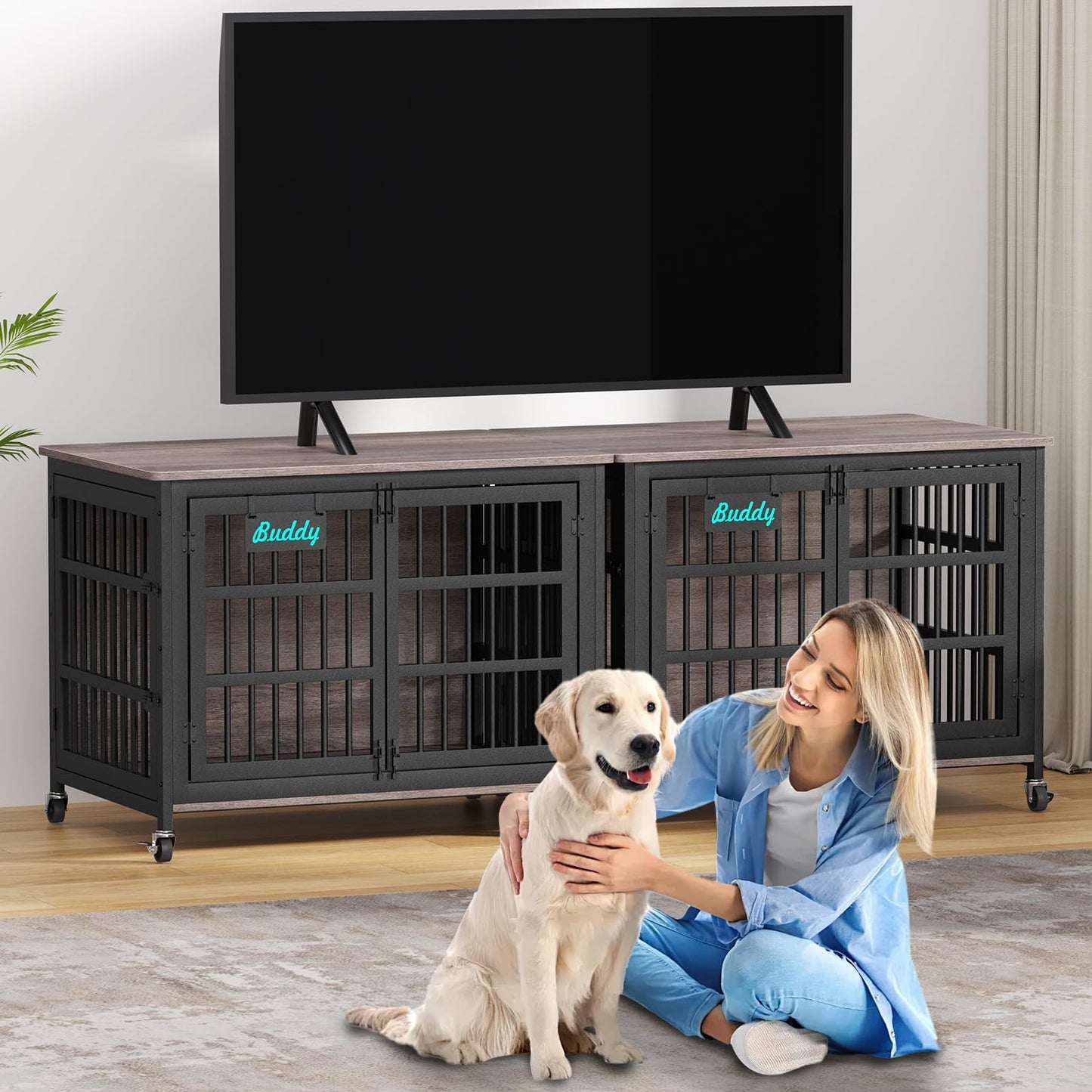 POAO 42"XL Dog Crate Furniture with Casters, Heavy Duty Dog Kennel Indoor for Large Dogs,Double-Doors Sturdy Dog Cage for Anxiety Dog,End Table