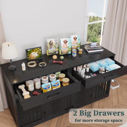 POAO 72" Double Dog Crate Furniture, Heavy Duty Dog Kennel for 2 Large Dogs, Wooden Dog Cage w Two Big Drawers&Removable Divider, Decorative Dog House as TV Stand, Dark Grey