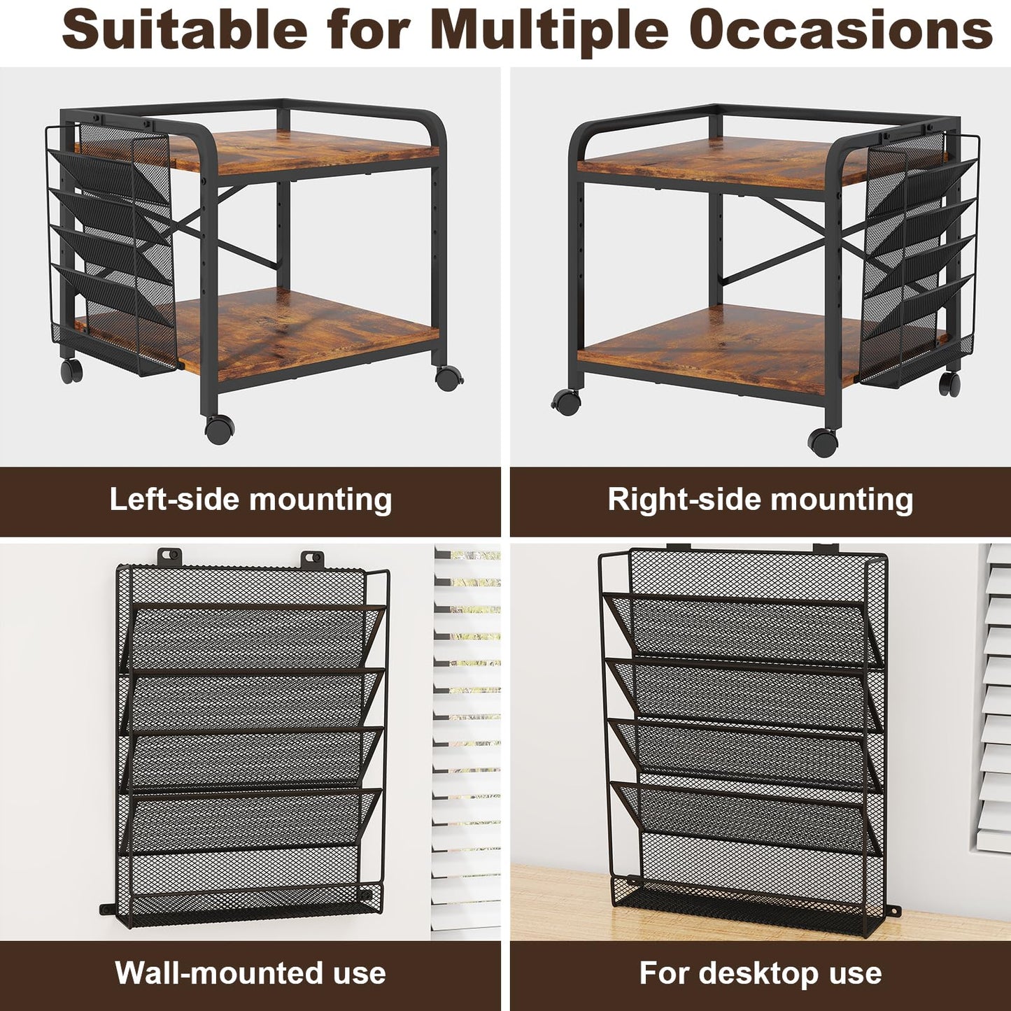 POAO Large Printer Stand with Hanging File Holder Organizer,Adjustable Height Shelf with Wheels,Under Desk Table with Storage for Home Office,Brown