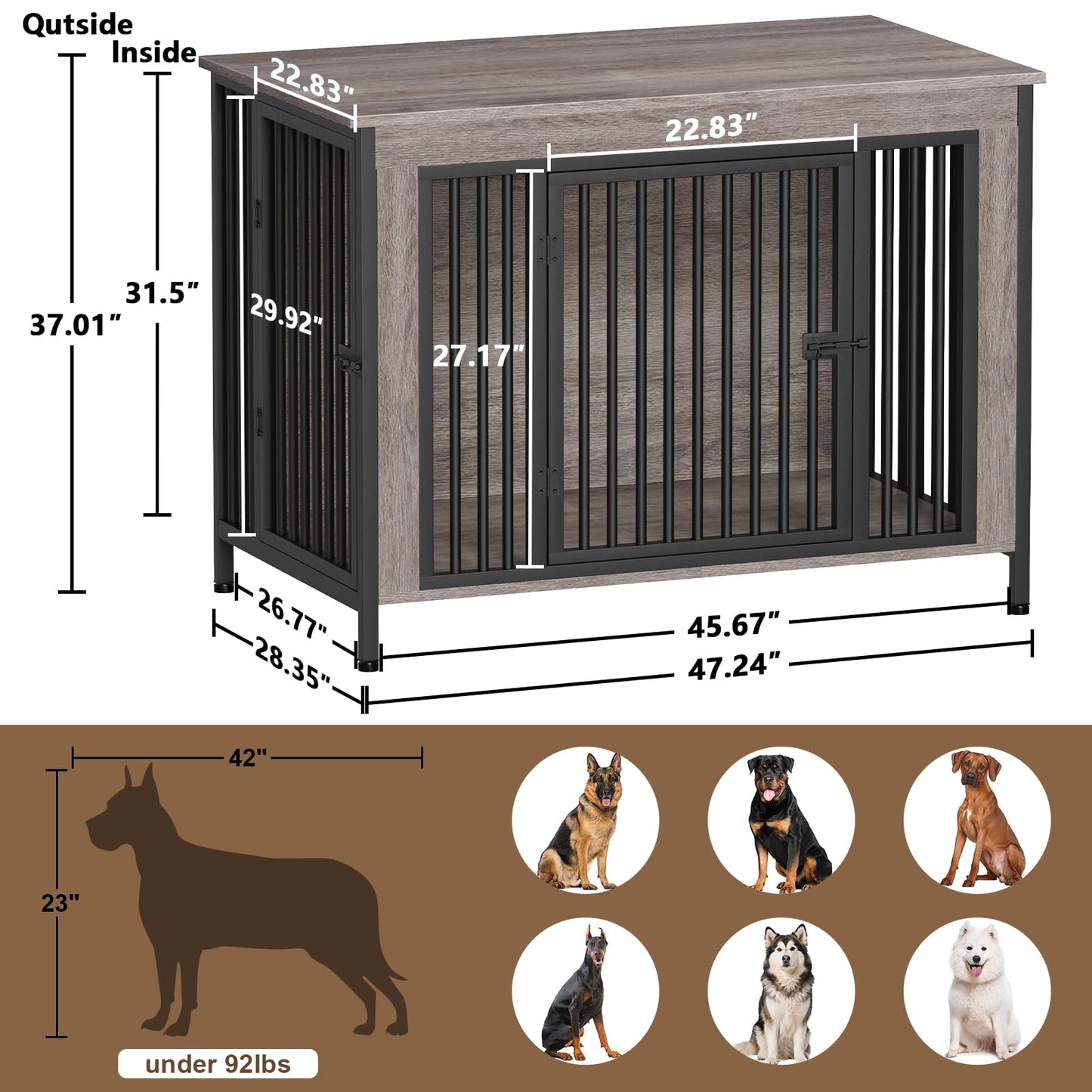 POAO 47.24" L Dog Crate Furniture for Dog, Heavy Duty Dog Crate for Large Dog(65-92 Pounds), Dog Kennel Furniture Indoor as TV Stand, Oak Grey